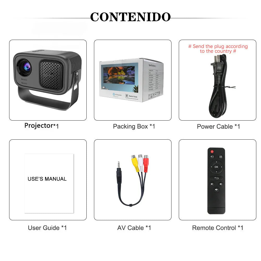 Black portable HD projector with Android OS showing 1280x720 resolution display