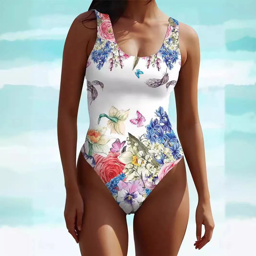 Women's sleeveless swimsuit dress in spandex with artistic retro pattern, Bohemian style beachwear