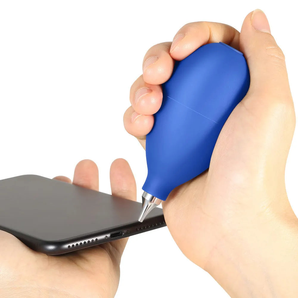 Blue rubber dust removal air blower tool for cleaning cameras and phones.