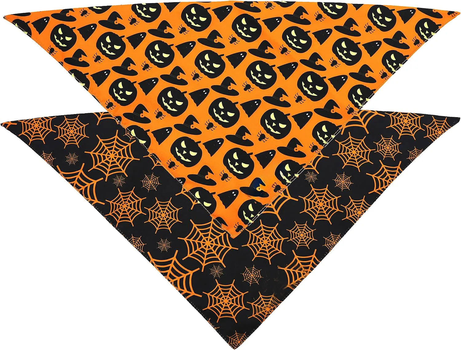 Black and orange reversible Halloween dog bandana with pumpkin and spider web patterns on a dog.