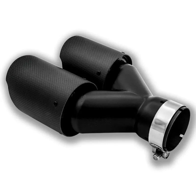 Black carbon fibre car exhaust pipe with double outlet, 250mm long