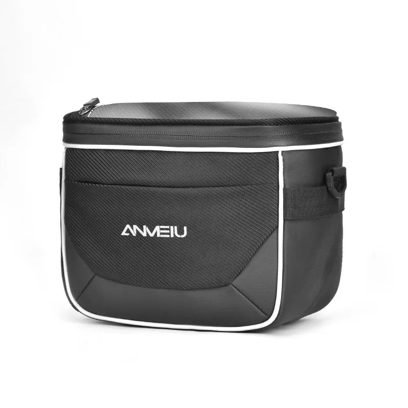 Black folding polyester bicycle bag with 7 inch capacity mounted on handlebars.