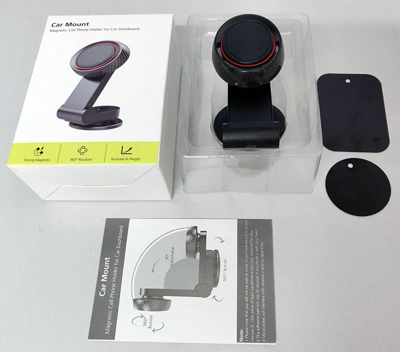 360 degree rotating magnetic car phone holder with sticky base, black, 55x40x95mm, holding a smartphone on a car dashboard