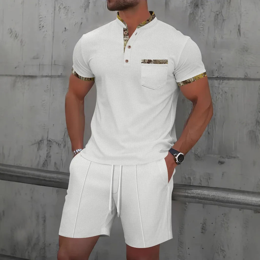 Men's grey waffle-texture zip-front polo collar top and shorts summer suit set.