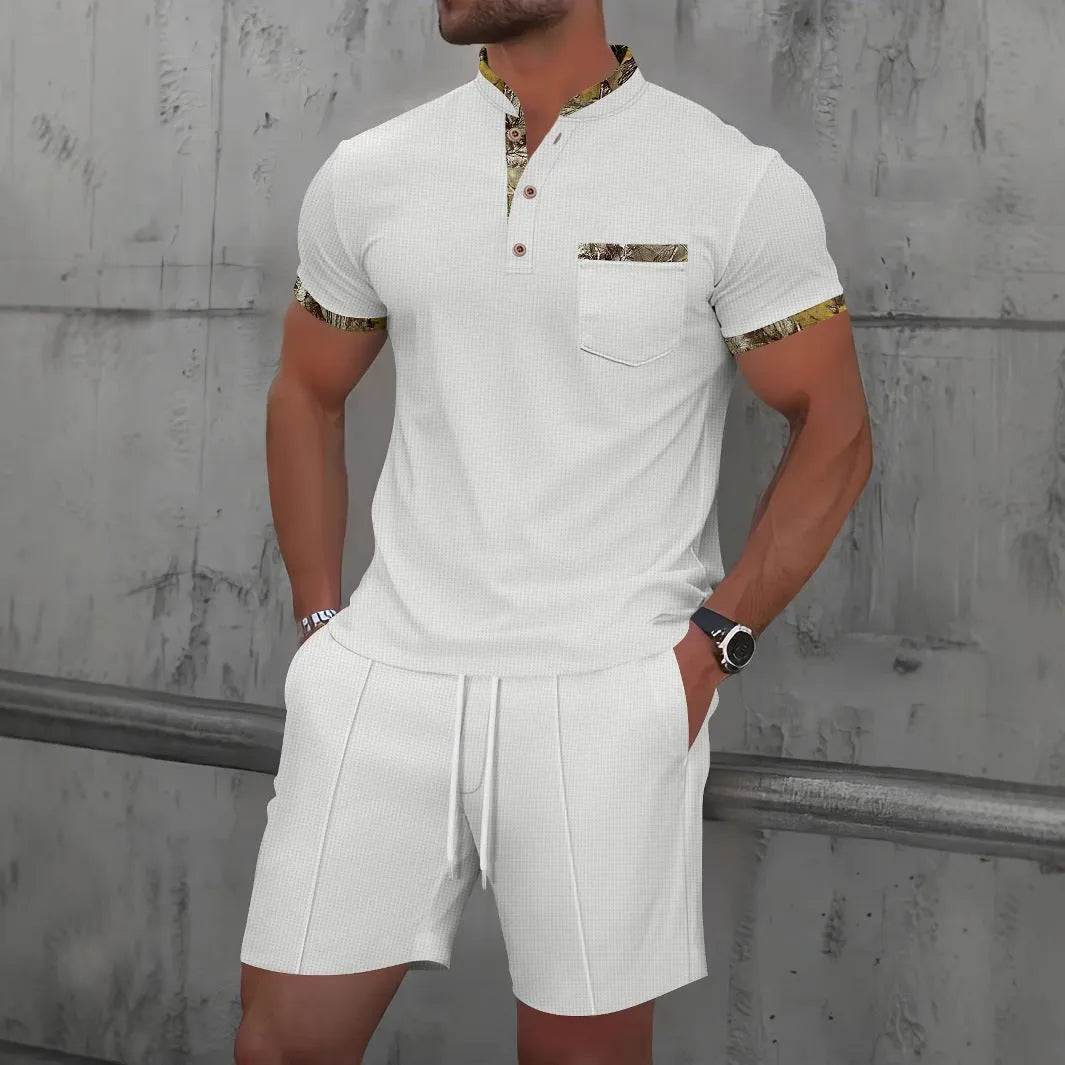 Men's grey waffle-texture zip-front polo collar top and shorts summer suit set.