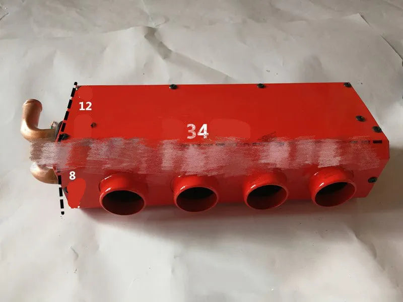 Metal car heater with four-hole copper pipe construction measuring 34cm long