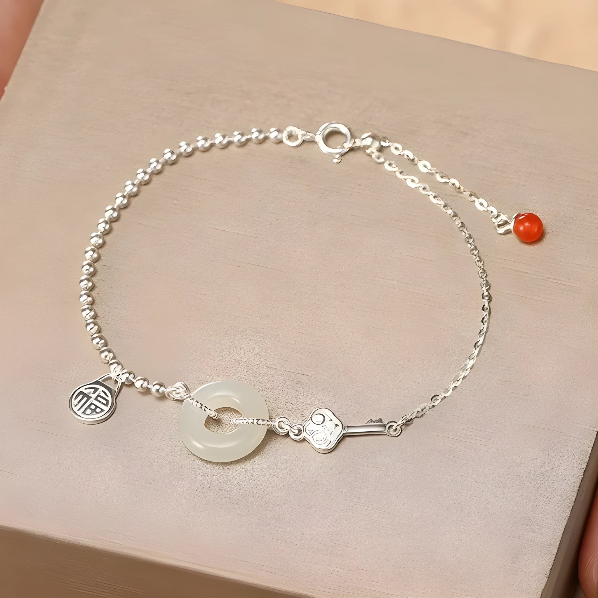 Women's 925 silver Hetian jade bracelet with geometry shape and Ruyi Xiaofu design