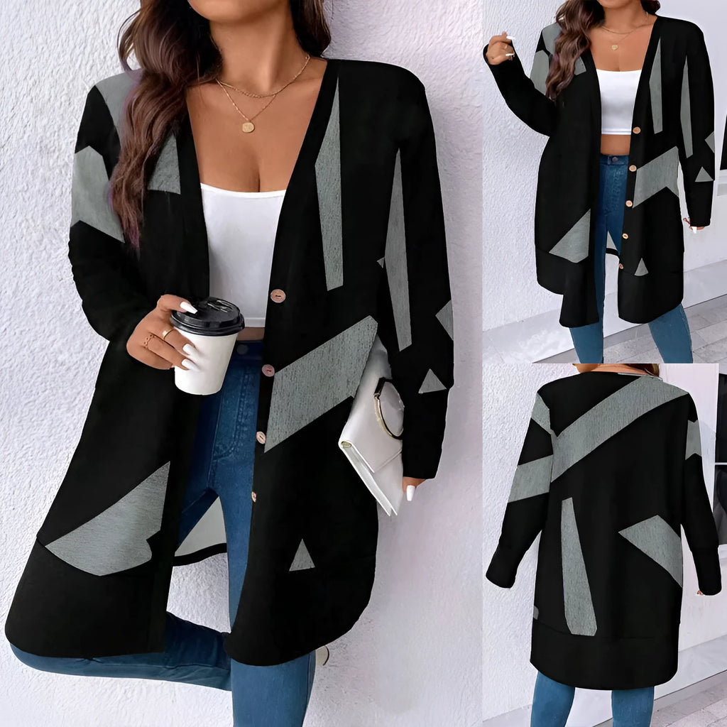 Black plus size casual cardigan coat with button stitching printing and regular sleeves