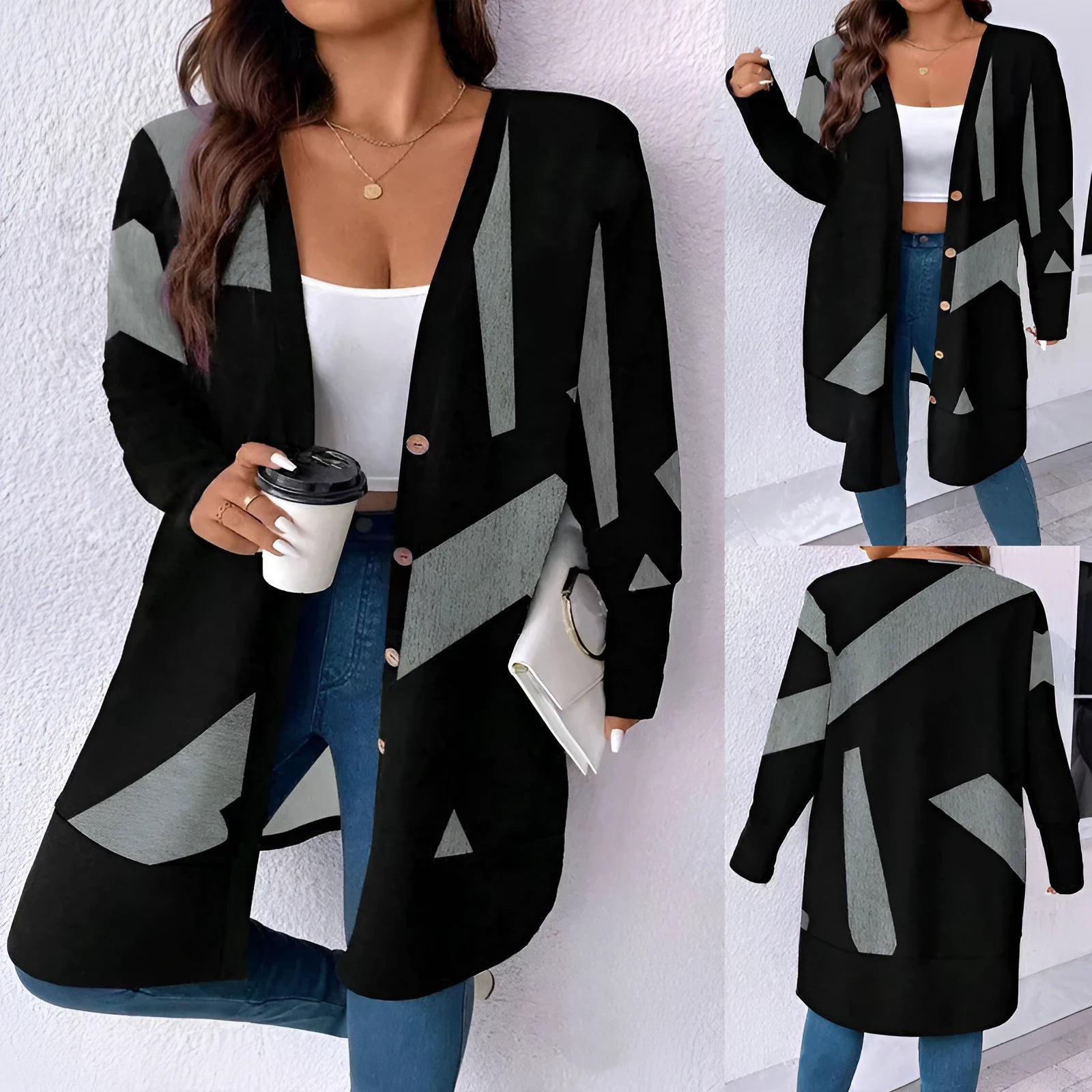Black plus size casual cardigan coat with button stitching printing and regular sleeves