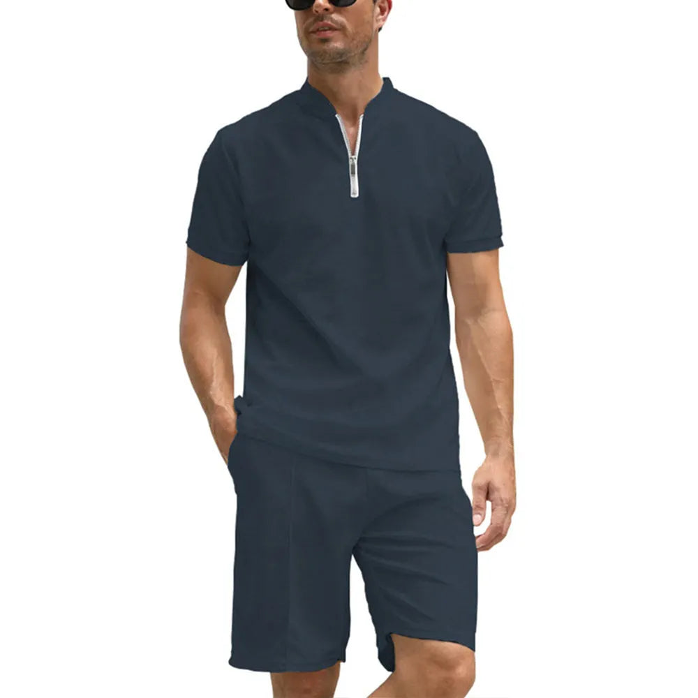 Men's solid colour polo shirt and shorts two-piece set in beaded bird's eye polyester fabric