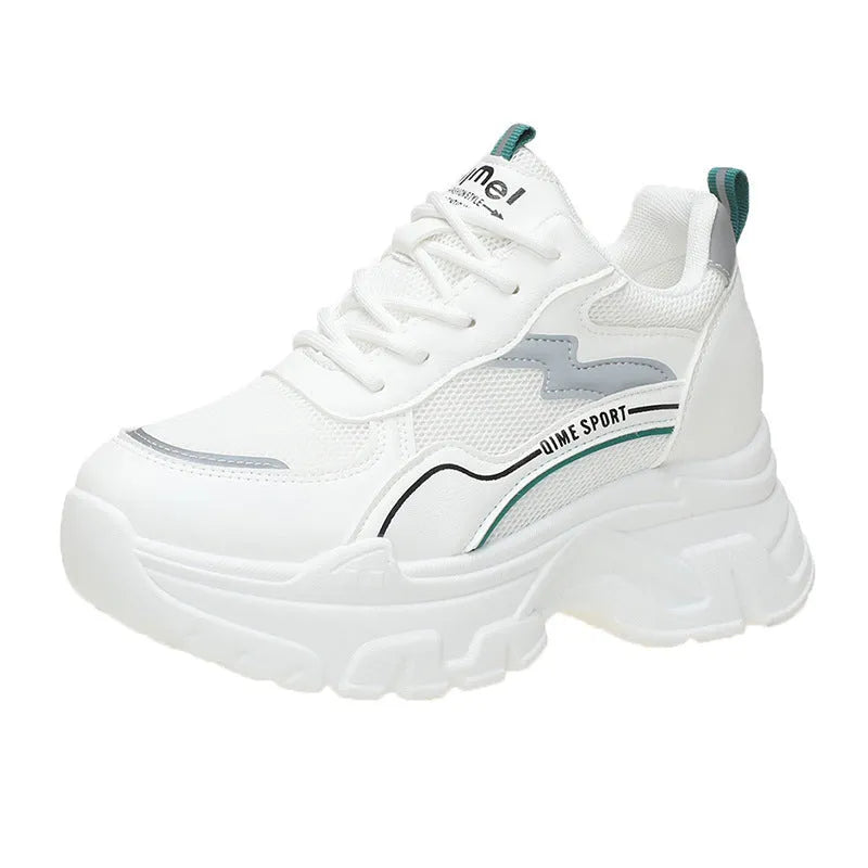 Women's white and beige height-increasing dad shoes with cross straps and lace-up front.