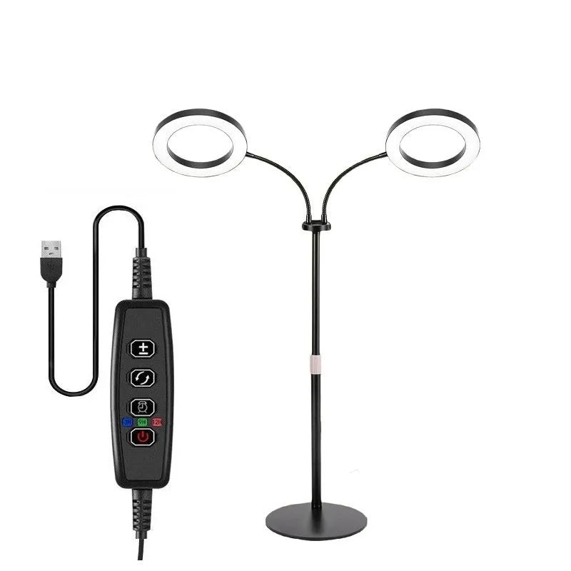 6-inch Angel Ring retractable floor plant grow light on a tall aluminium stand next to indoor houseplants.