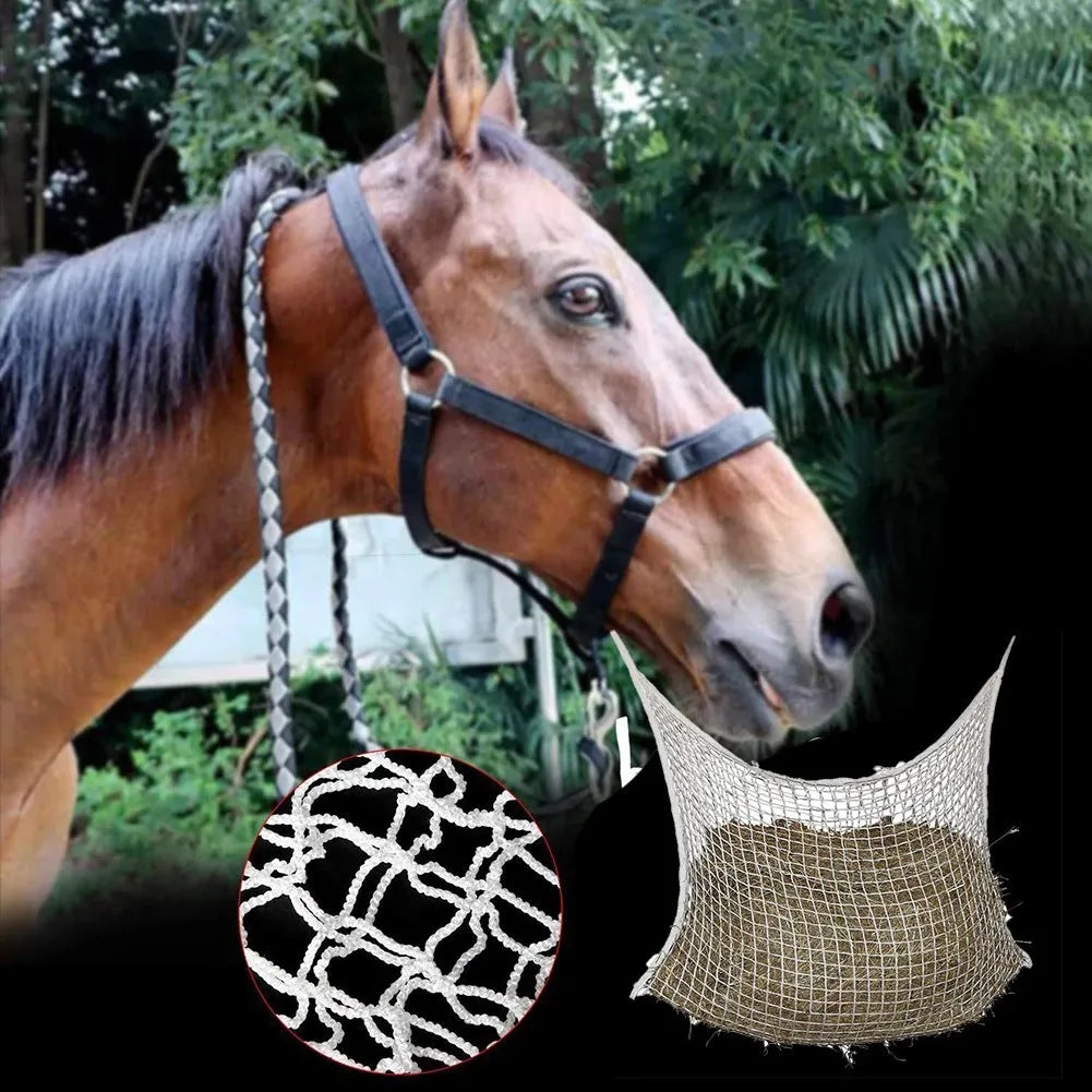 Woven grid hanging feeding bag for horses and cattle in black or white colour options