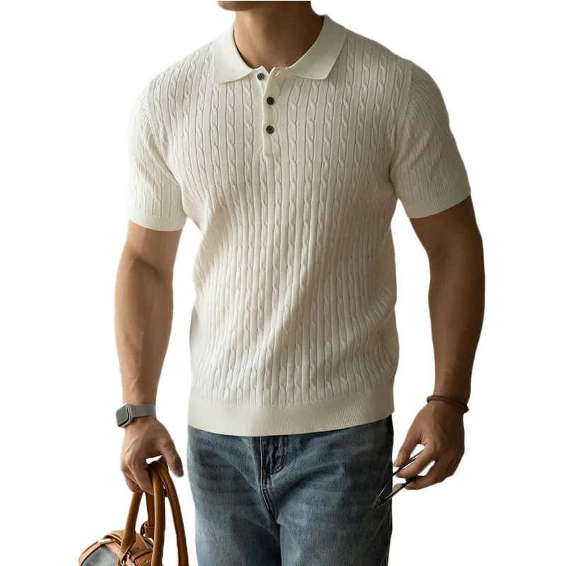 Man wearing a khaki short sleeve blend fabric top suitable for business commute.