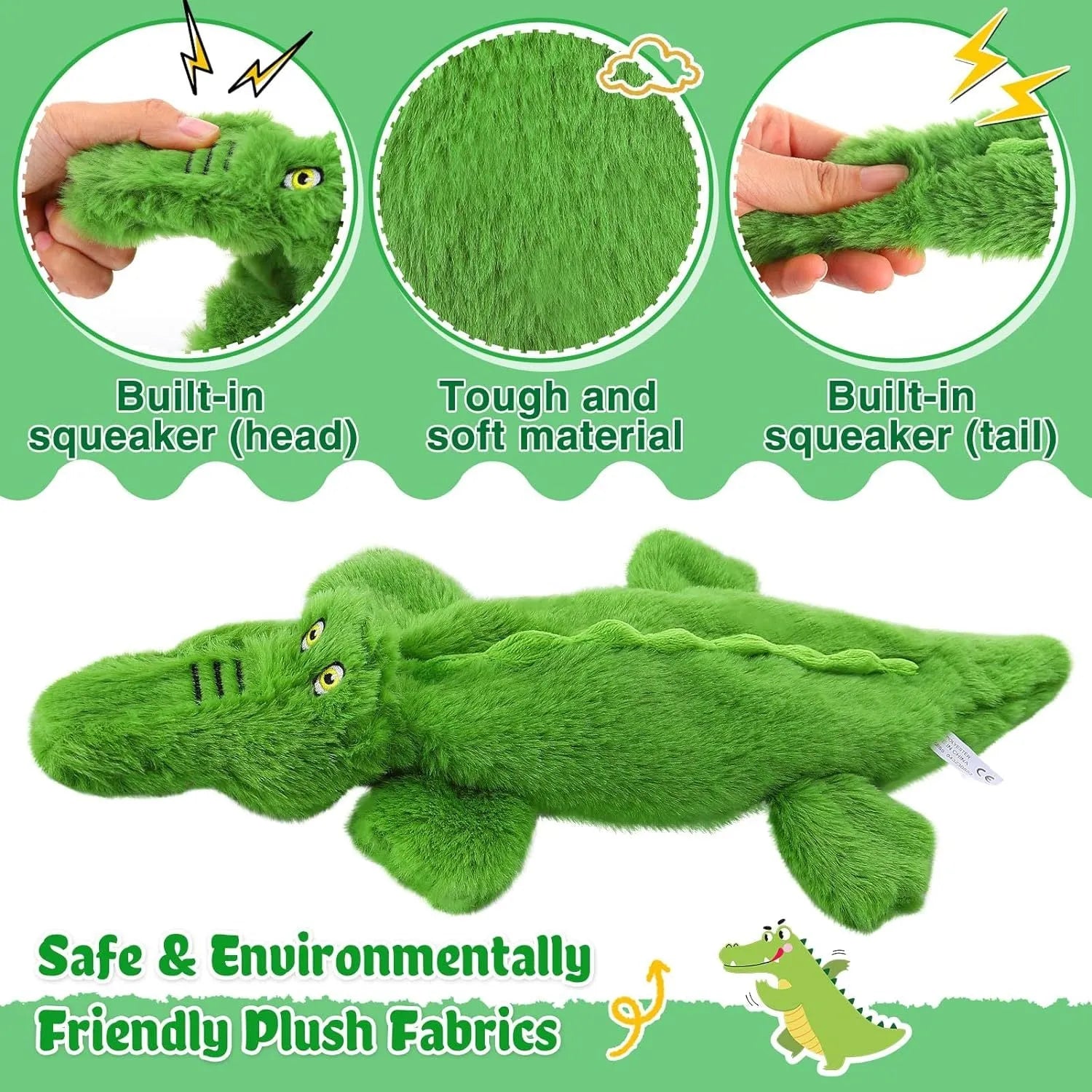 Green crocodile plush dog toy with no stuffing, showing squeaker in head and crinkle paper tail