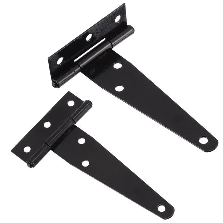 Fixed T-shaped iron hinge for wooden outdoor gates, showing straight arm and multiple size options.