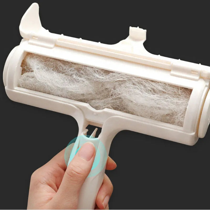 White reusable pet hair remover roller with dust compartment, 20 cm, for cleaning dog and cat fur from furniture and carpets