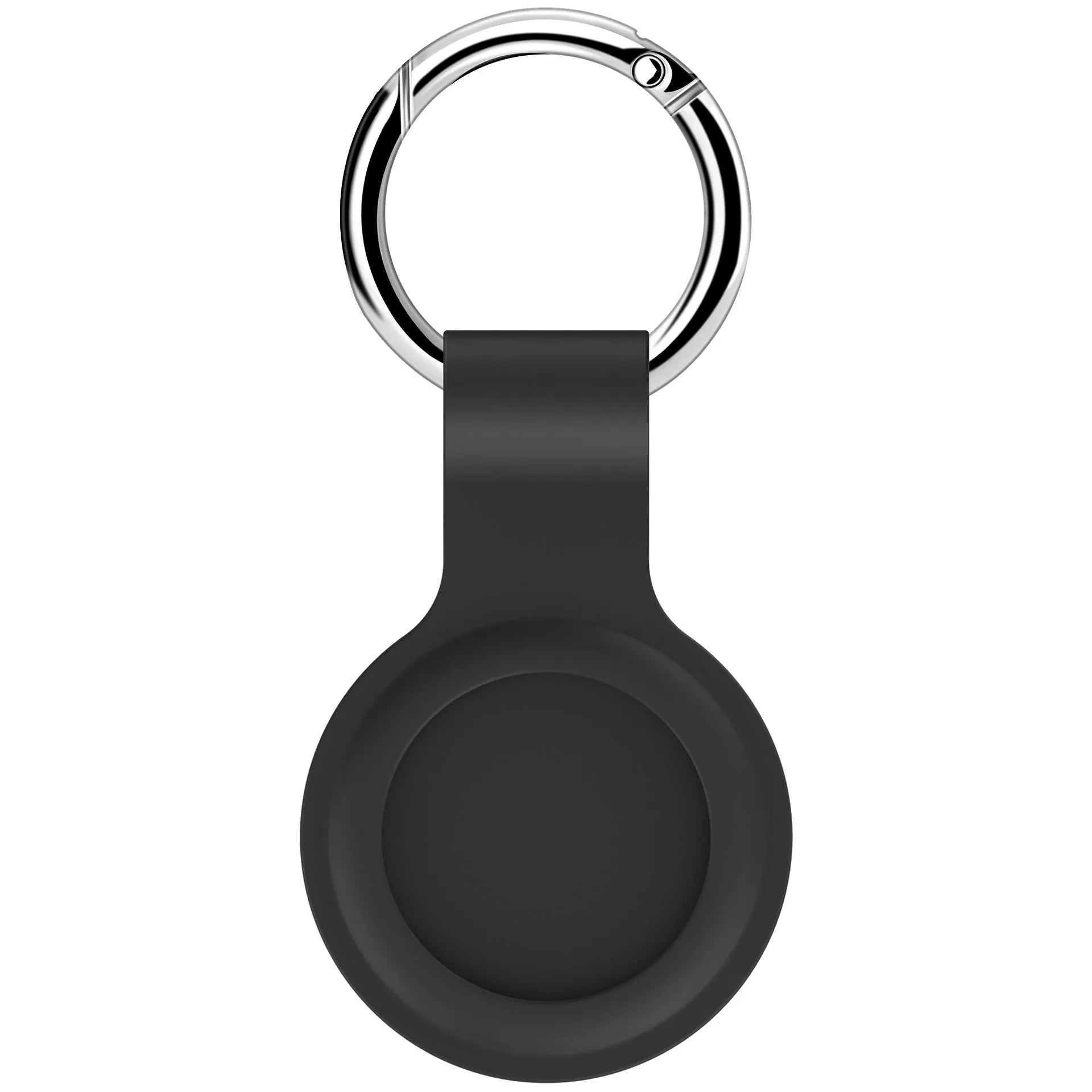 Silicone protective case for Apple AirTag with metal snap button in assorted colours on a keyring.