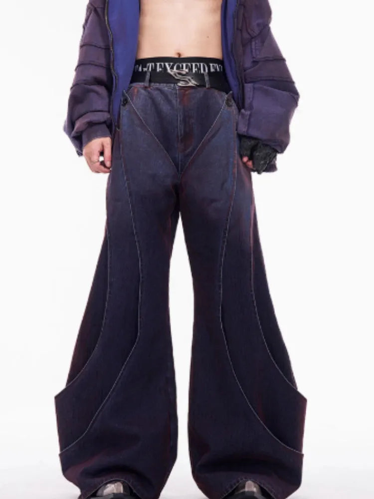 Men's niche deconstruction flocking jeans in brushed gradient wine red colour, wide leg, medium high waist, front zipper