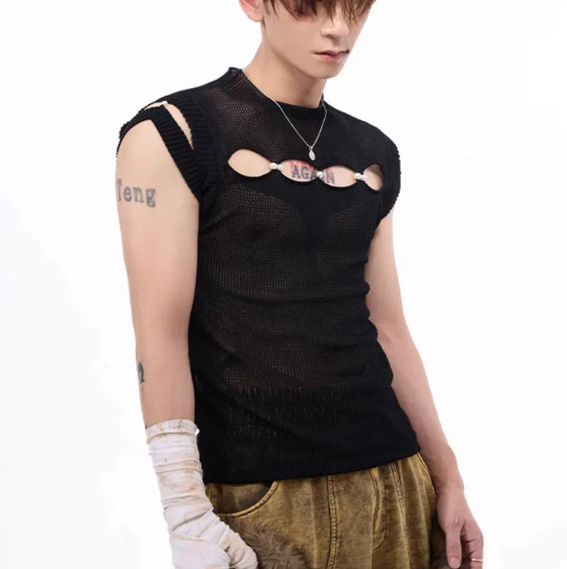Dark hollow-out knitmesh sleeveless T-shirt with round collar, solid black colour, regular length