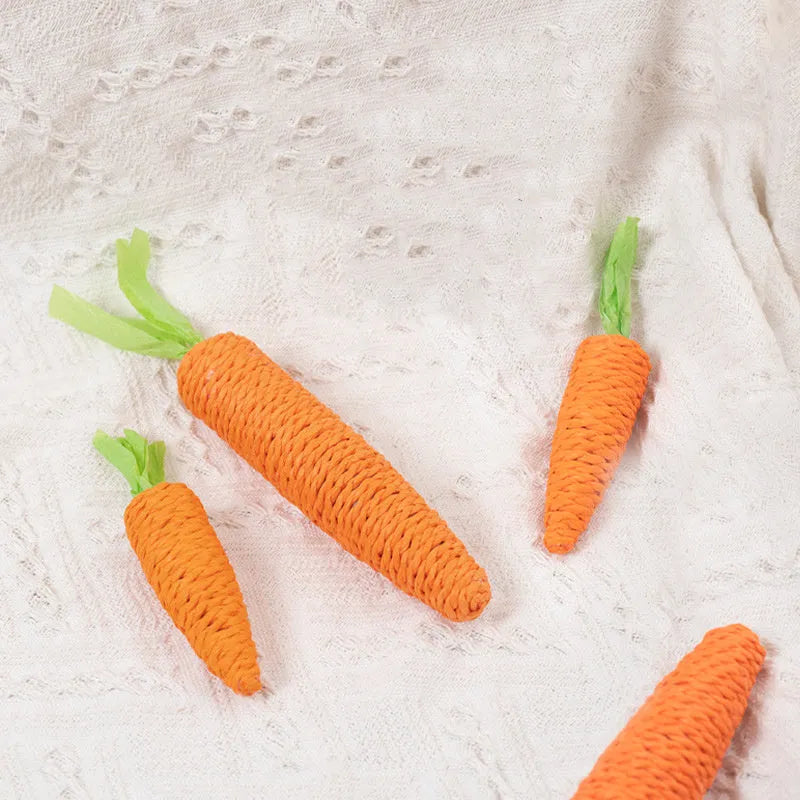 Cat toys set with carrot-shaped paper toys, ringing stones, dental sticks, and interactive elements in two size options