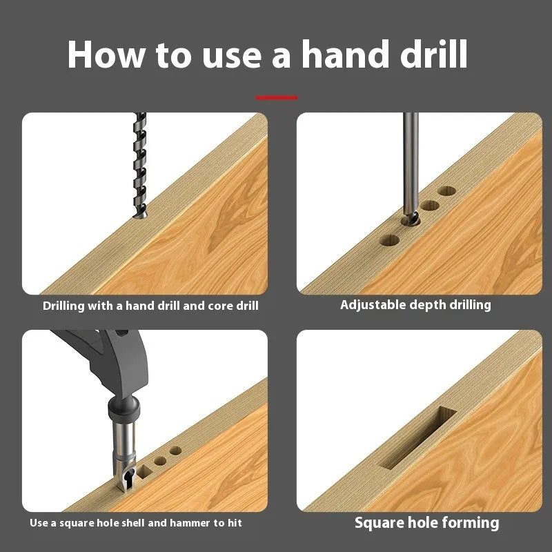 Square hole drill bit set with 12.7mm carbon steel sleeve and core for woodworking