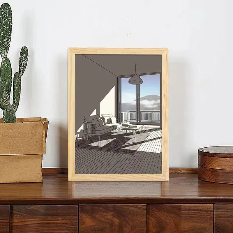 LED illuminated decorative picture with acrylic panel showing scenic artwork, USB cable connection