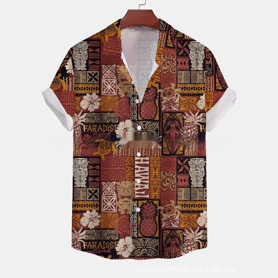 Men's loose fit short-sleeve floral print shirt in elastic polyester fabric for summer casual wear