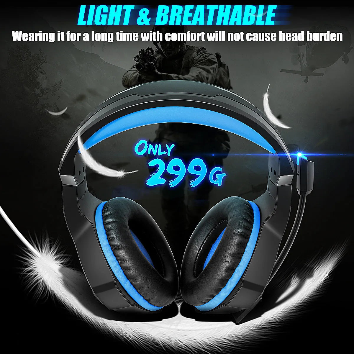 Thunder Wear gaming headset with microphone, LED lighting, and 1.8 metre cable in black with blue accent colour