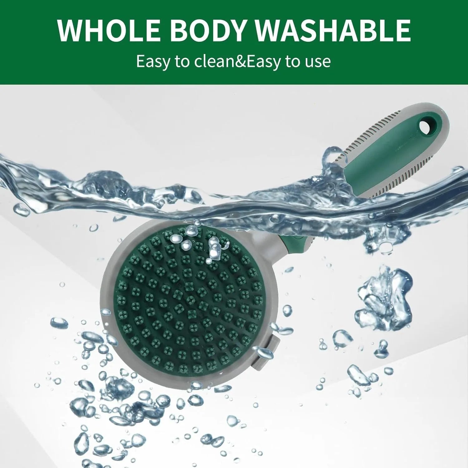 Green and pink dual-sided pet brush showing retractable slicker brush and silicone massager on a white background