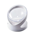White elevated clear plastic cat food bowl with tilted design for anti-vomit feeding