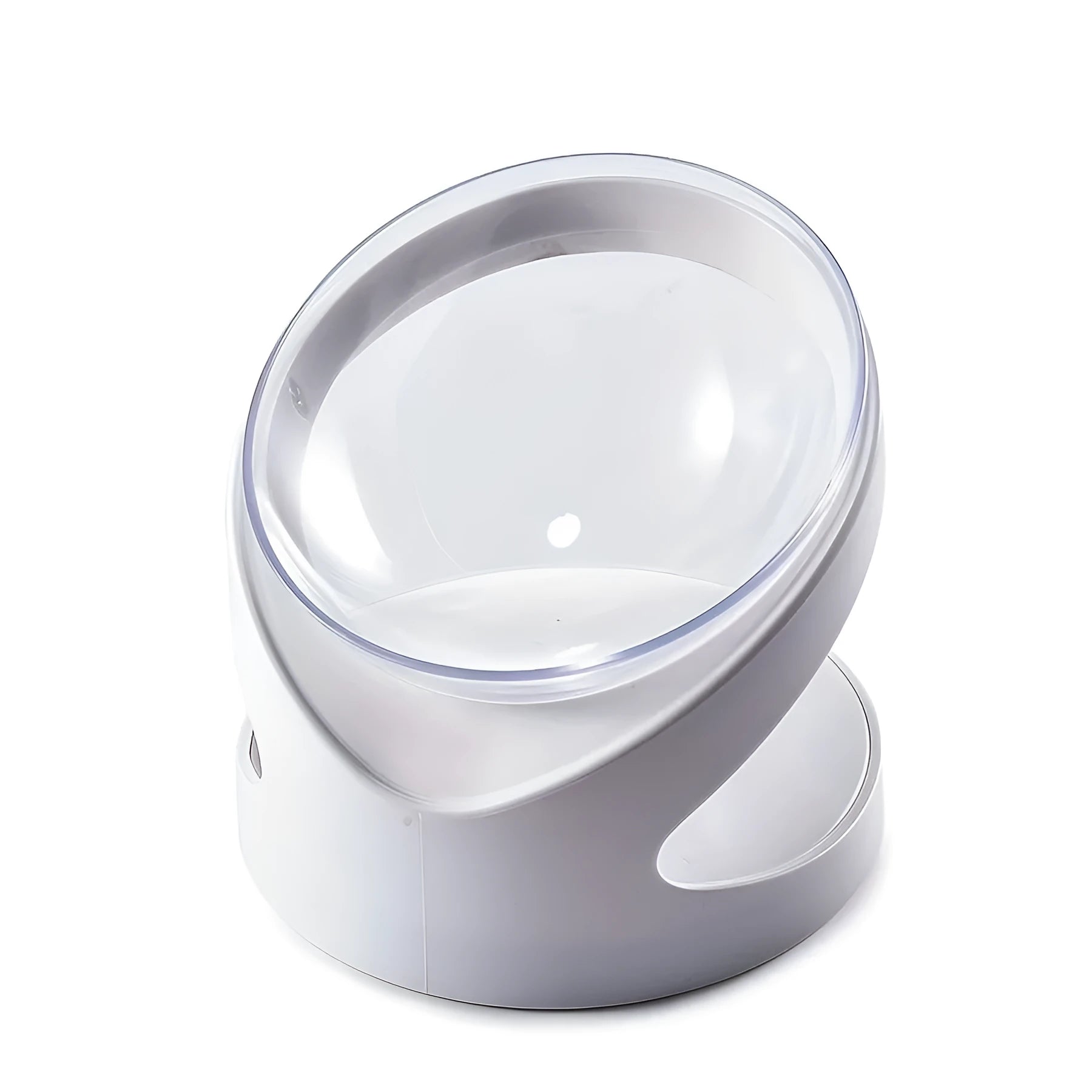 White elevated clear plastic cat food bowl with tilted design for anti-vomit feeding