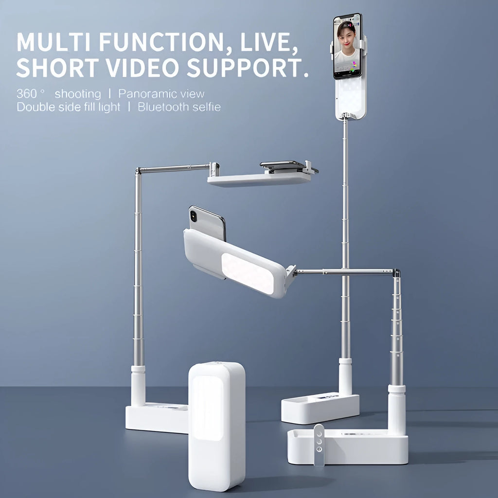 Floor-standing mobile phone fill light bracket with LED illumination and telescopic folding design