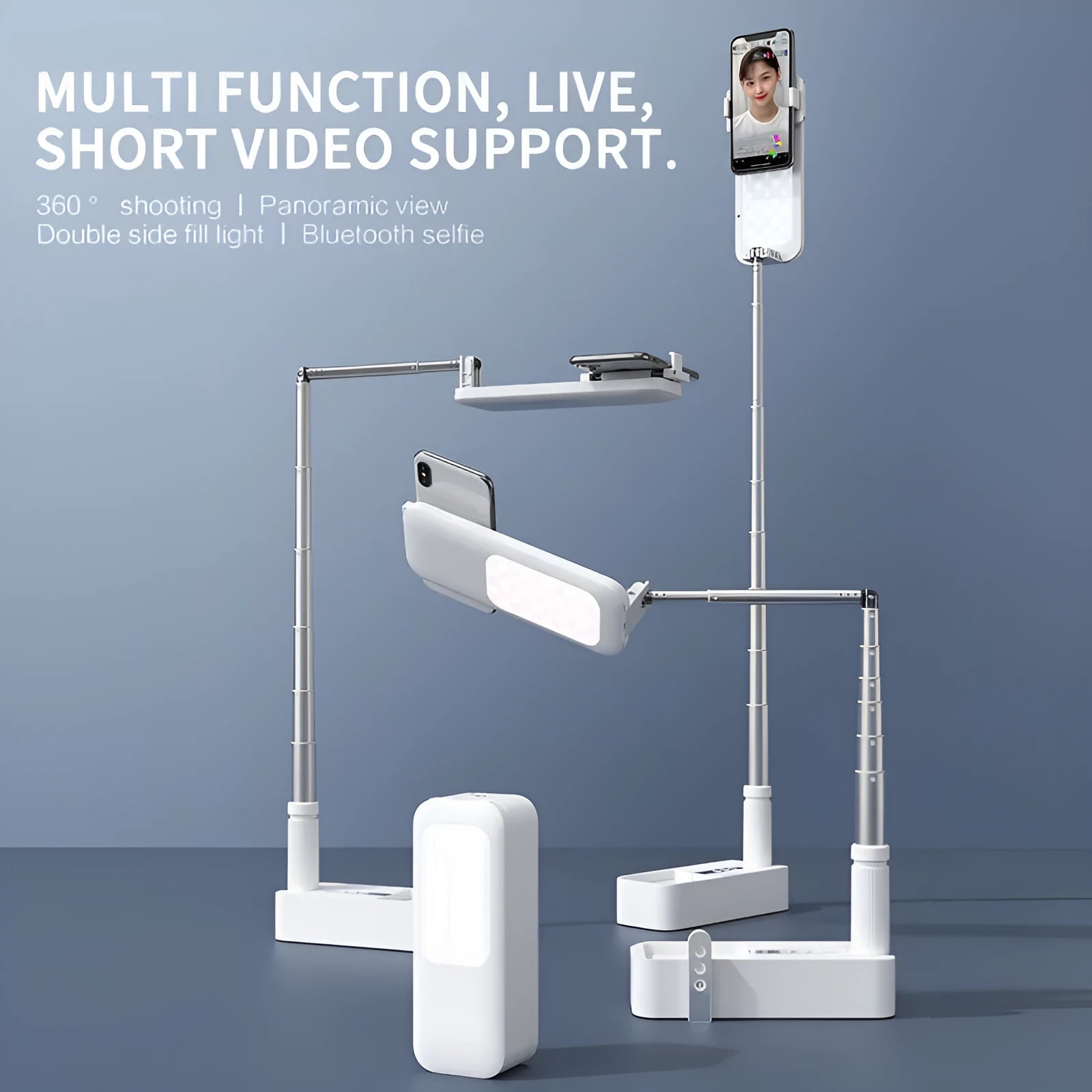 Floor-standing mobile phone fill light bracket with LED illumination and telescopic folding design
