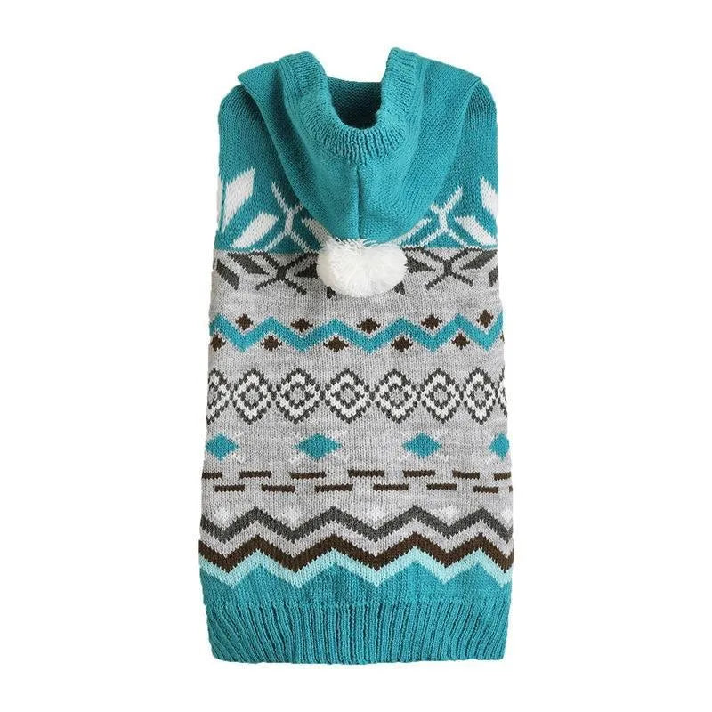 Green diamond pattern acrylic pet sweater for dogs on size guide showing XS to XL options