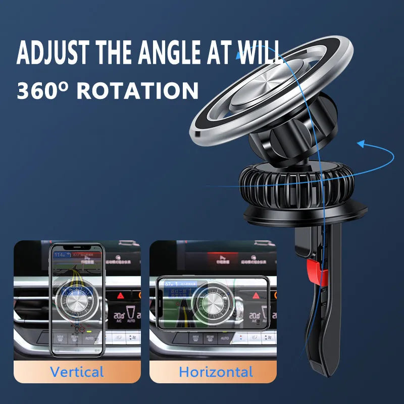 Silver and black air outlet magnetic phone holder for car dashboard mounting