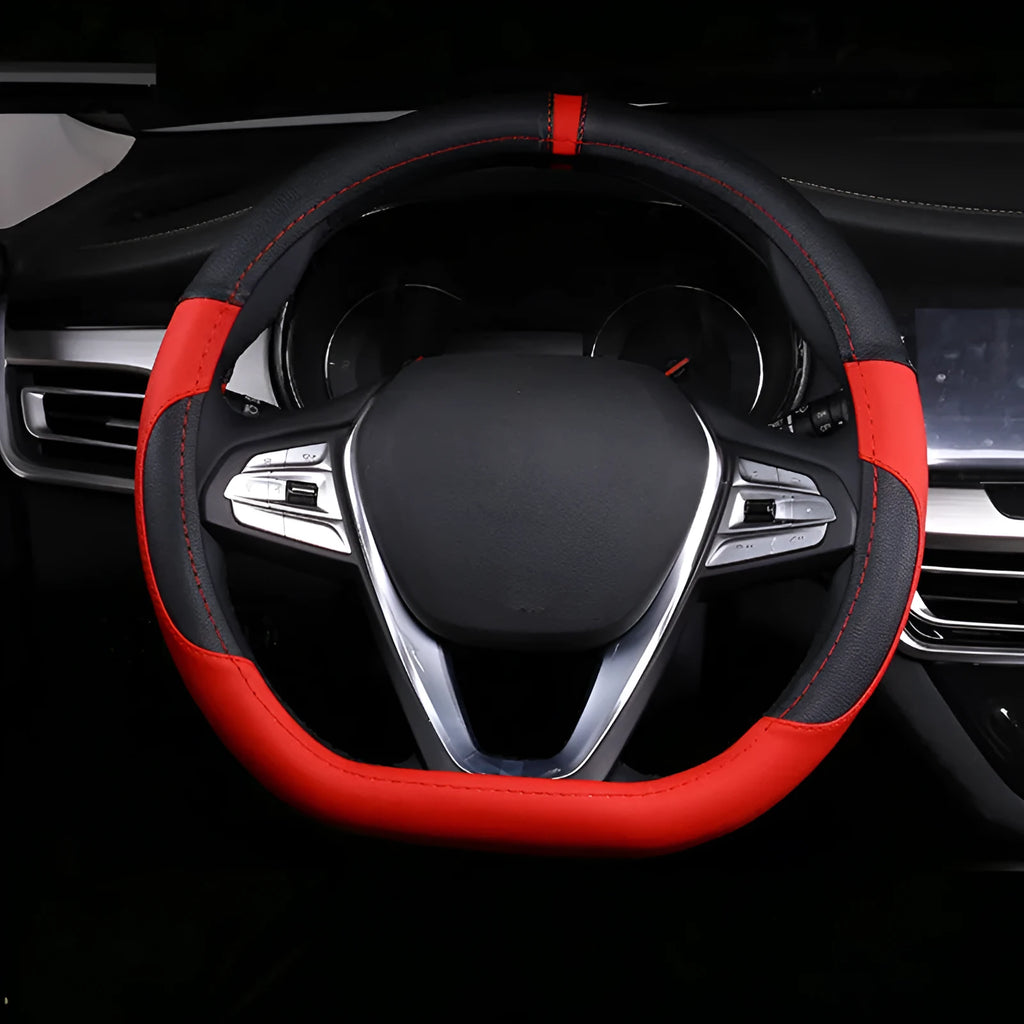 Universal leather steering wheel cover in D-type black design for 38cm steering wheels.