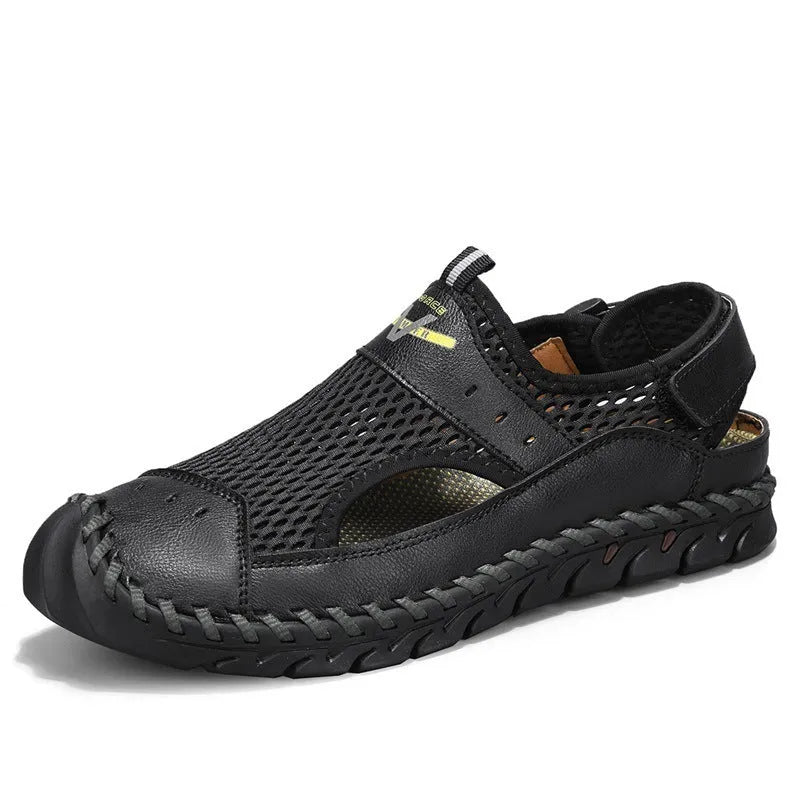 Men's brown genuine leather mesh breathable casual shoes with elastic band and round toe on a white background.
