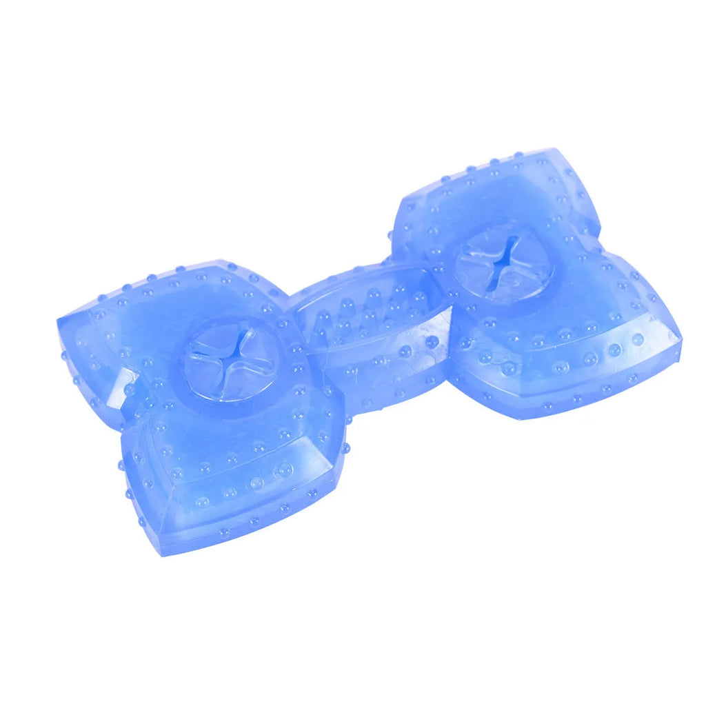Freezable plastic bone and circle shaped dog chew toys for teething puppies.