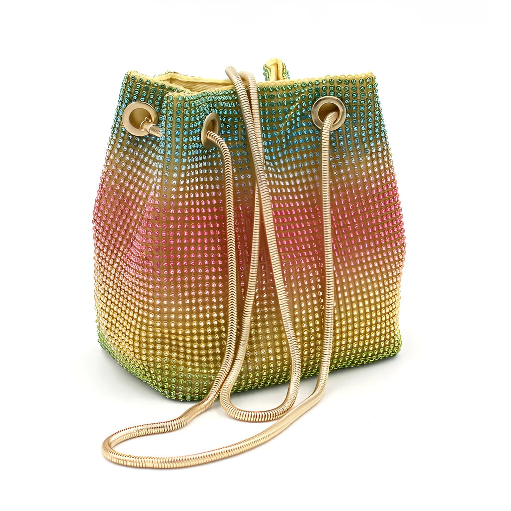 Rainbow rhinestone bucket bag with sparkling fabric and casual shoulder strap