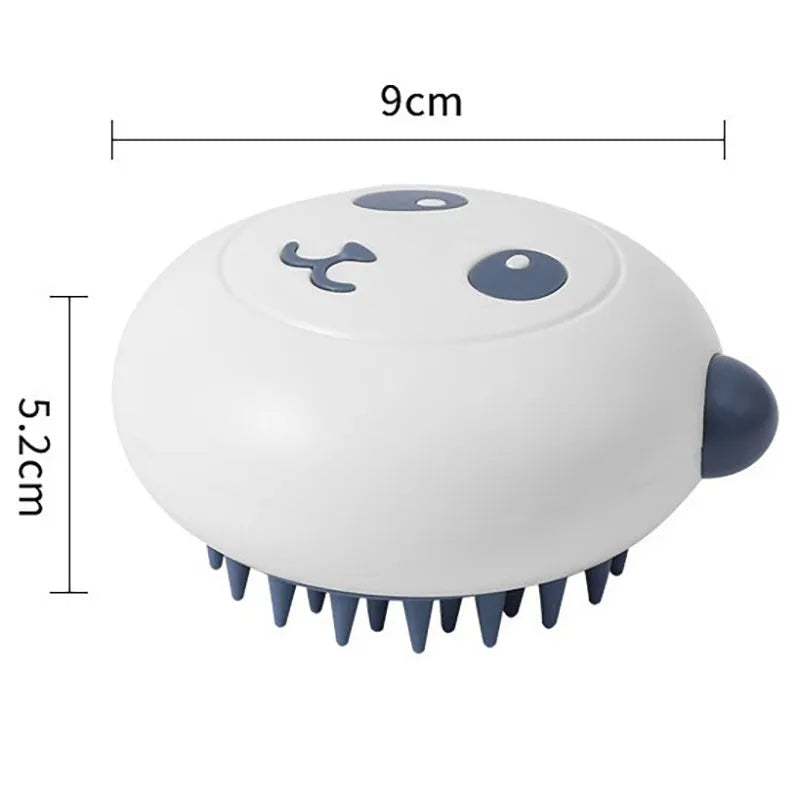 Panda-shaped silicone pet bath brush in blue for washing cats and dogs.