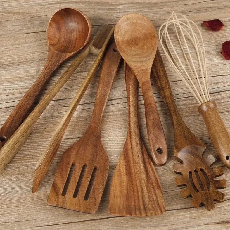 Seven-piece wooden cooking utensil set including spoons and spatulas for non-stick pans