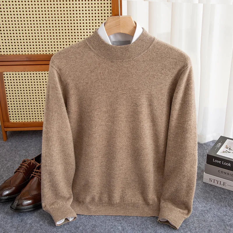 Men's loose fit half-collar sweater in chunky wool knit, shown in camel colour.