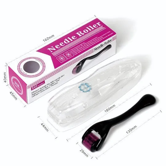 Black and purple derma roller with titanium microneedles for facial skin, hair, and beard treatment