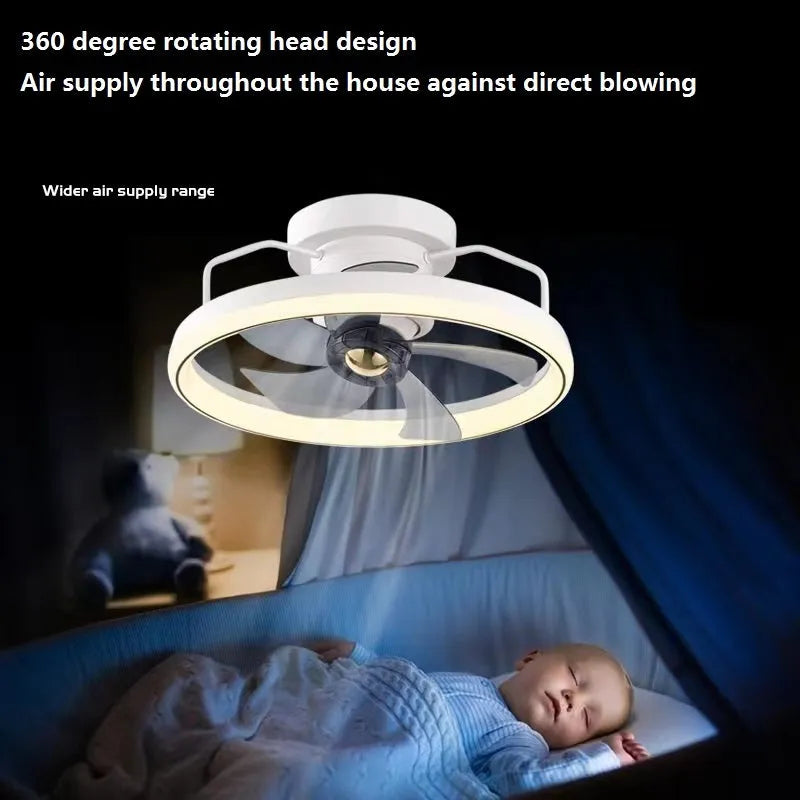 Modern overhead ceiling fan with integrated light showing 500mm diameter design with PC blades and acrylic lampshade