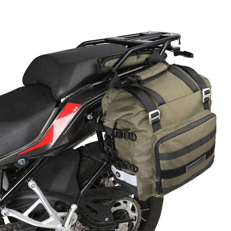 Black 20L quick-release motorcycle side bag mounted on a bike.