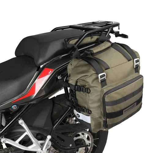 Black 20L quick-release motorcycle side bag mounted on a bike.