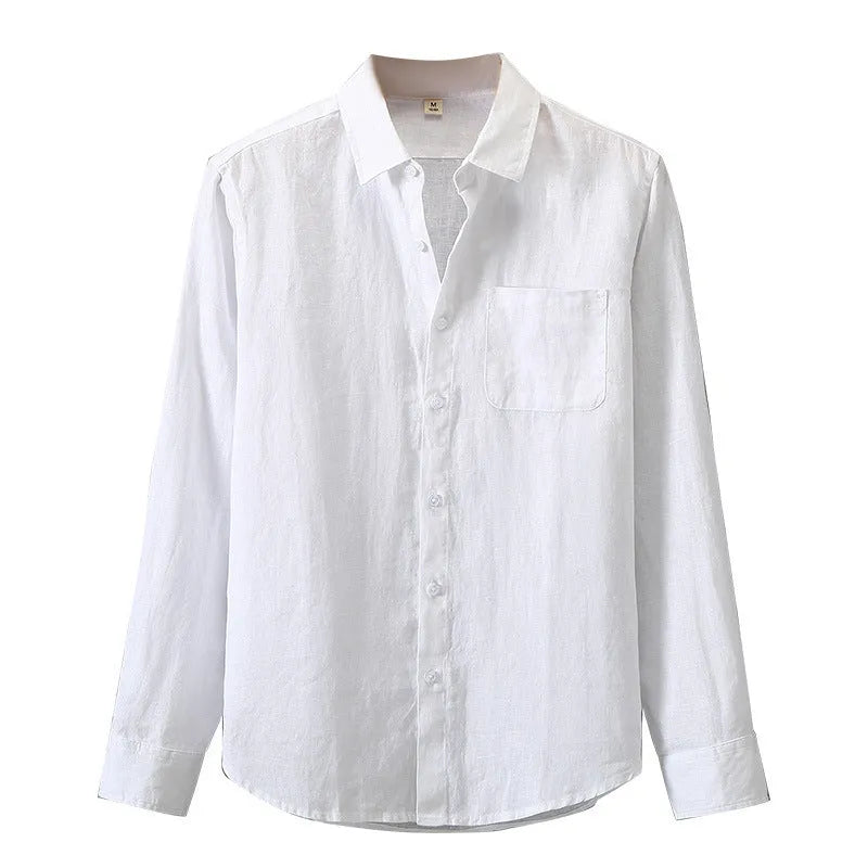 Linen long sleeve cardigan shirt in Chinese style loose fit, solid colour