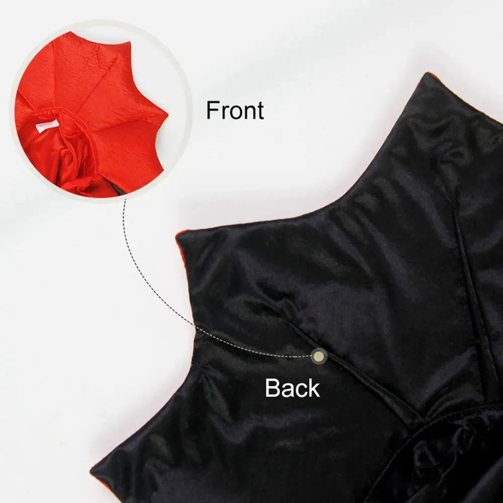 Small dog wearing black vampire cloak Halloween costume with three size options displayed