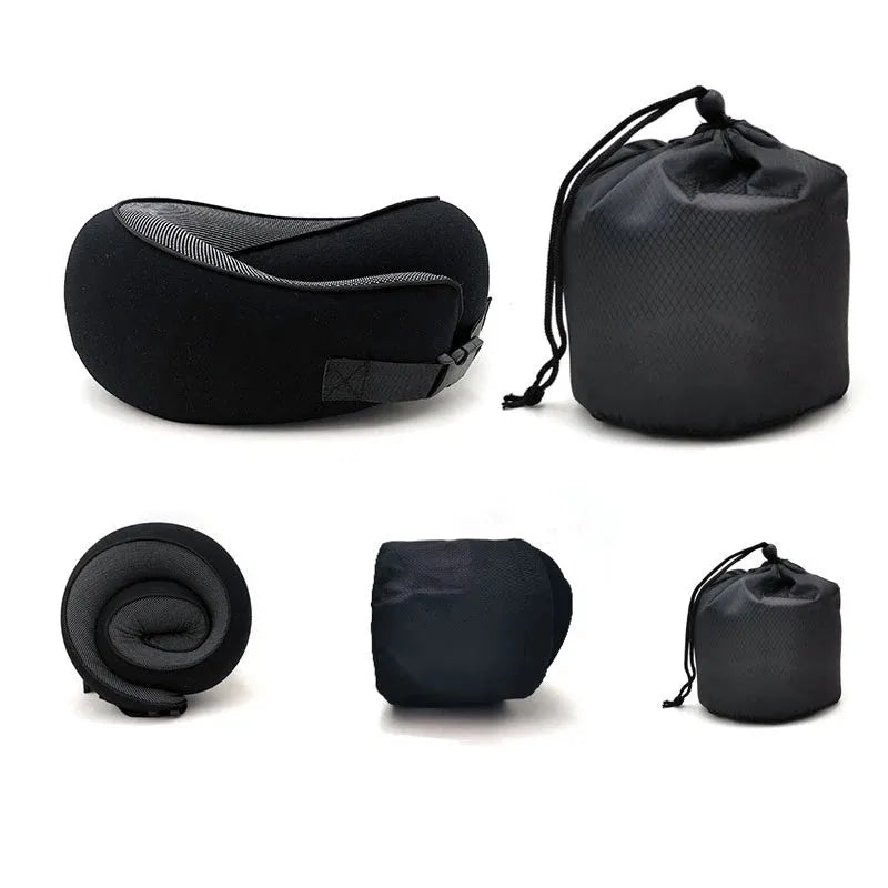 U-shaped memory foam travel neck pillow in navy blue with buckle fastening, shown rolled with carry bag